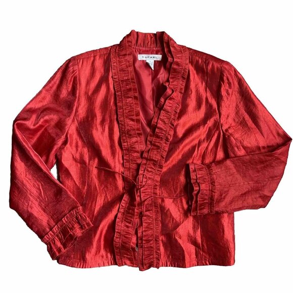 Rafael Jacket Womens 16 Jacket‎ Long Sleeve Red Ruffle Tie Front Metallic Shiney - Picture 1 of 8
